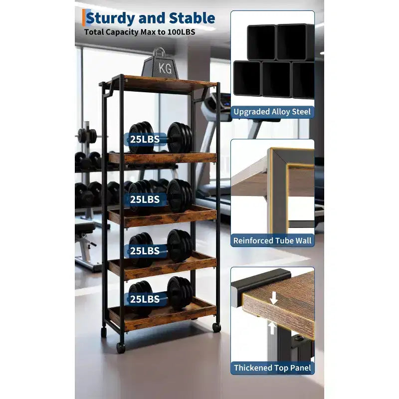 4-Tier Wooden Folding Storage Shelf Cart - Expandable Kitchen Organizer with Locking Wheels, Heavy Duty Garage Shelving, 100 Lbs Load Capacity