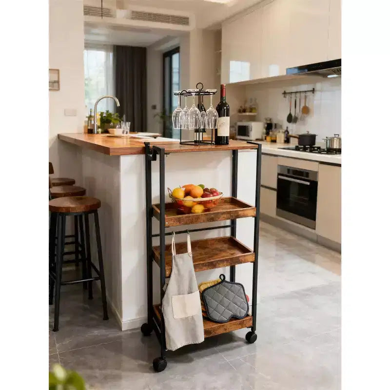 4-Tier Wooden Folding Storage Shelf Cart - Expandable Kitchen Organizer with Locking Wheels, Heavy Duty Garage Shelving, 100 Lbs Load Capacity