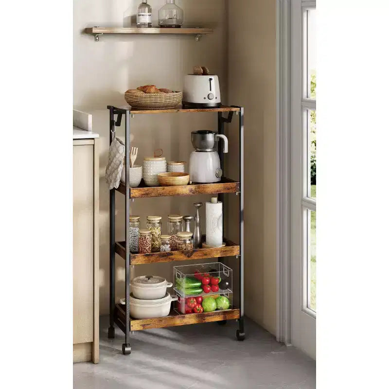 4-Tier Wooden Folding Storage Shelf Cart - Expandable Kitchen Organizer with Locking Wheels, Heavy Duty Garage Shelving, 100 Lbs Load Capacity