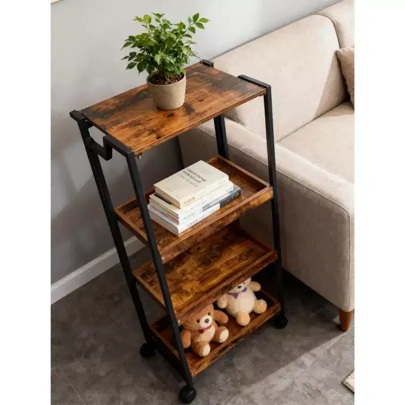 4-Tier Wooden Folding Storage Shelf Cart - Expandable Kitchen Organizer with Locking Wheels, Heavy Duty Garage Shelving, 100 Lbs Load Capacity