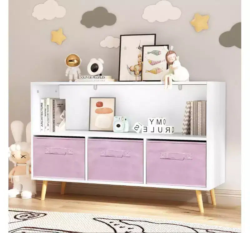 2-Tier Kids Bookshelf with Foldable Fabric Drawers