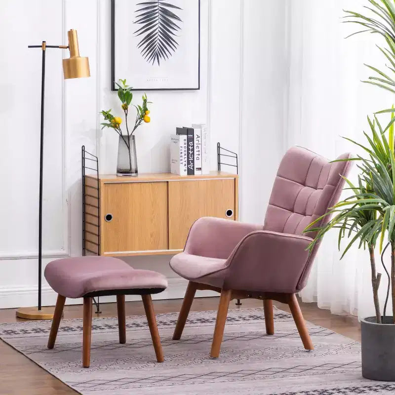 Modern Tufted Accent Chair with Ottoman, Upholstered Wingback Arm Chair for Living Room or Bedroom