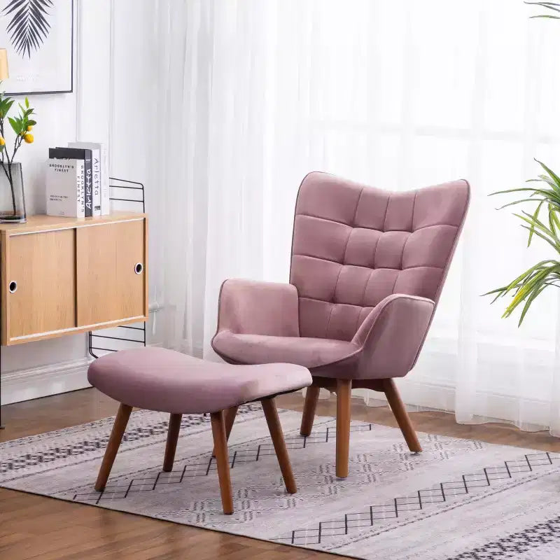 Modern Tufted Accent Chair with Ottoman, Upholstered Wingback Arm Chair for Living Room or Bedroom
