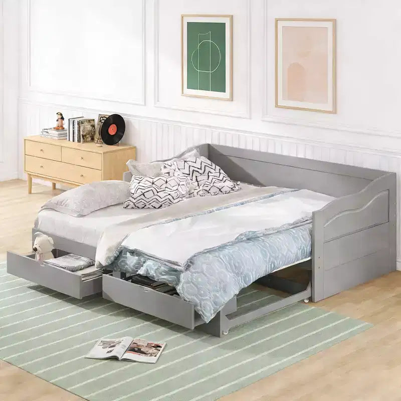 Modern Wood Daybed with Trundle Bed and 2 Storage Drawers for Living Room