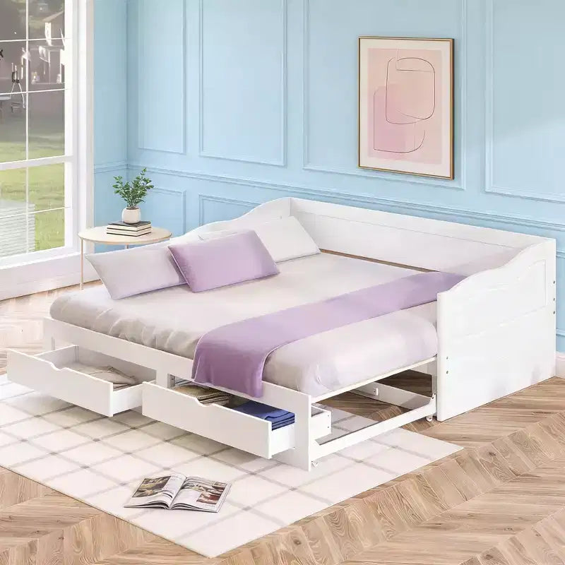 Modern Wood Daybed with Trundle Bed and 2 Storage Drawers for Living Room
