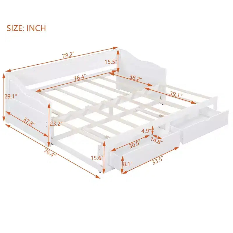 Modern Wood Daybed with Trundle Bed and 2 Storage Drawers for Living Room
