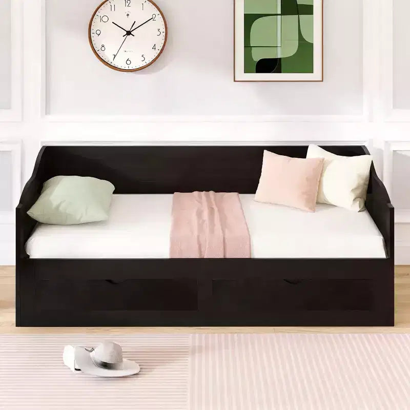 Modern Wood Daybed with Trundle Bed and 2 Storage Drawers for Living Room