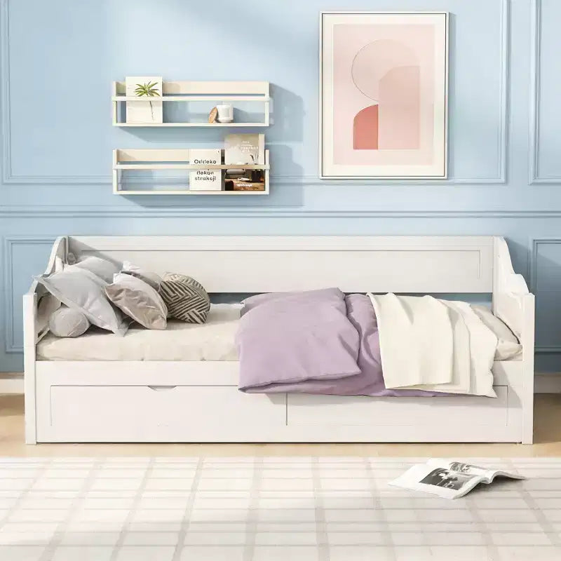 Modern Wood Daybed with Trundle Bed and 2 Storage Drawers for Living Room