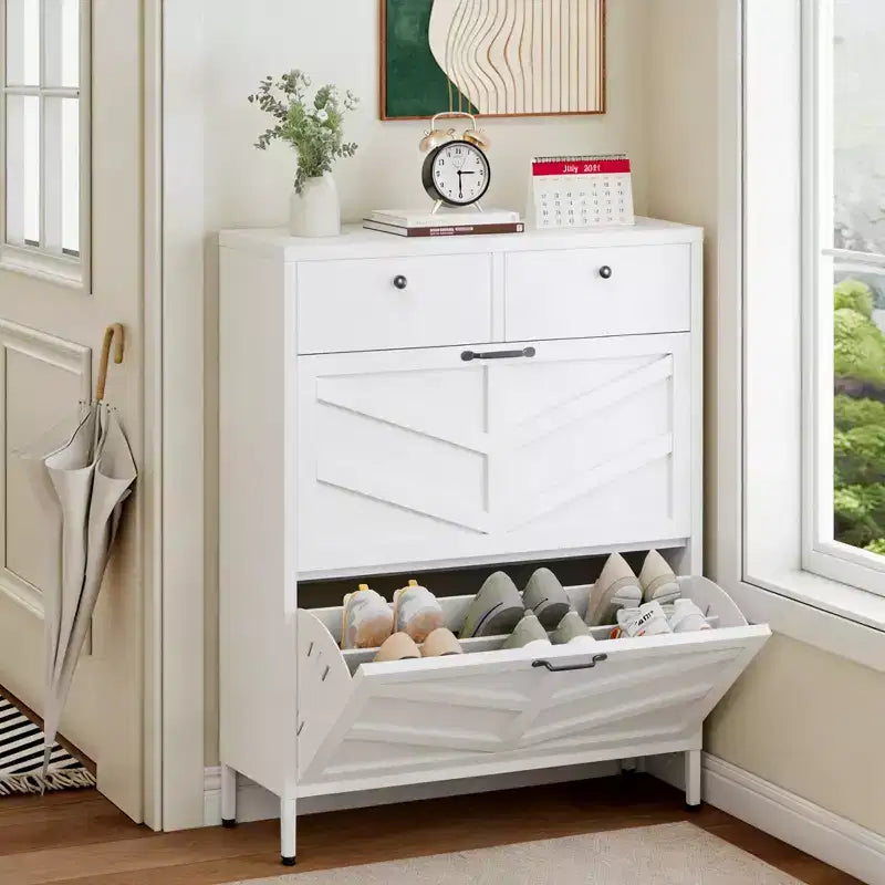 TUYOHW Slim Metal Freestanding Shoe Cabinet with Flip & Regular Drawers, Anti-Tip Shoe Rack, Multi-functional Shoe Organizer for Entryway