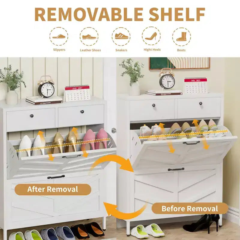 Slim Metal Freestanding Shoe Cabinet with Flip & Regular Drawers, Anti-Tip Shoe Rack, Multi-functional Shoe Organizer for Entryway