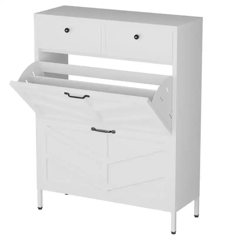 Slim Metal Freestanding Shoe Cabinet with Flip & Regular Drawers, Anti-Tip Shoe Rack, Multi-functional Shoe Organizer for Entryway