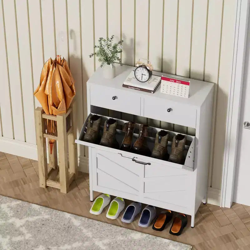 Slim Metal Freestanding Shoe Cabinet with Flip & Regular Drawers, Anti-Tip Shoe Rack, Multi-functional Shoe Organizer for Entryway