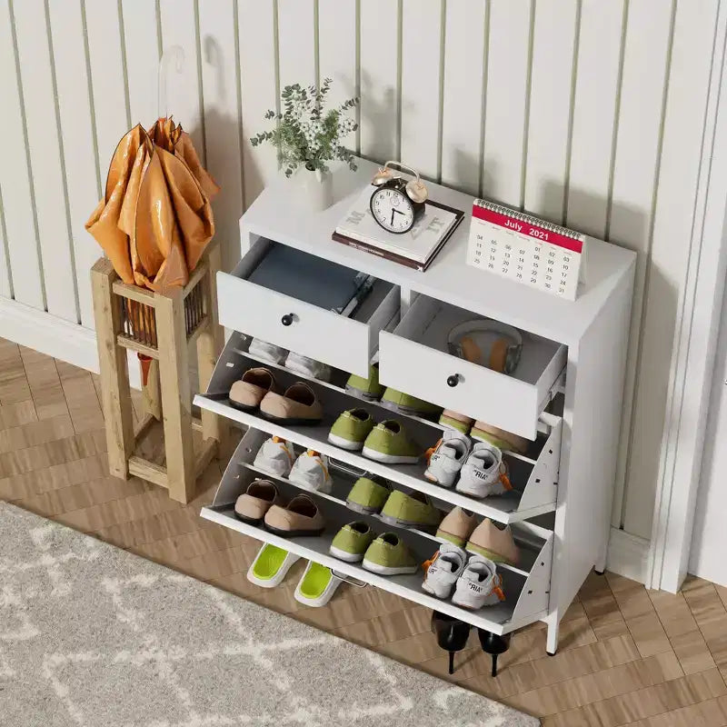 Slim Metal Freestanding Shoe Cabinet with Flip & Regular Drawers, Anti-Tip Shoe Rack, Multi-functional Shoe Organizer for Entryway