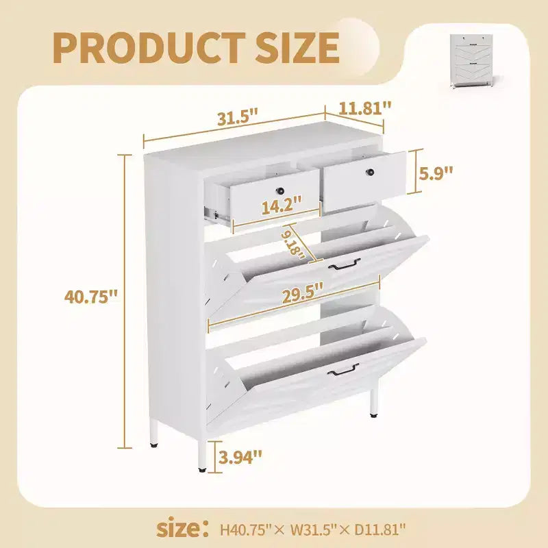 Slim Metal Freestanding Shoe Cabinet with Flip & Regular Drawers, Anti-Tip Shoe Rack, Multi-functional Shoe Organizer for Entryway