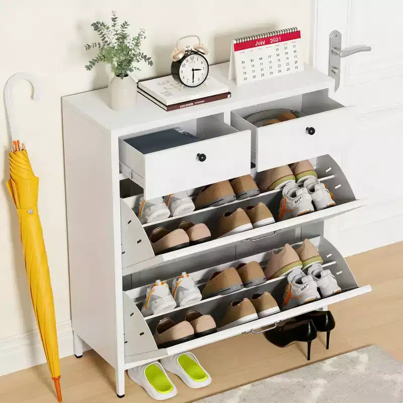 Slim Metal Freestanding Shoe Cabinet with Flip & Regular Drawers, Anti-Tip Shoe Rack, Multi-functional Shoe Organizer for Entryway