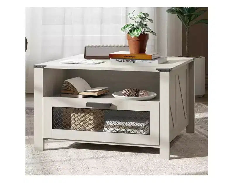 Industrial Coffee Table with 1 Drawer and 1 Shelf, Modern Living Room Table, Farmhouse Coffee table