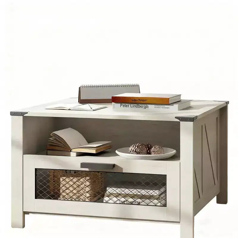 Industrial Coffee Table with Drawer and Open Shelf