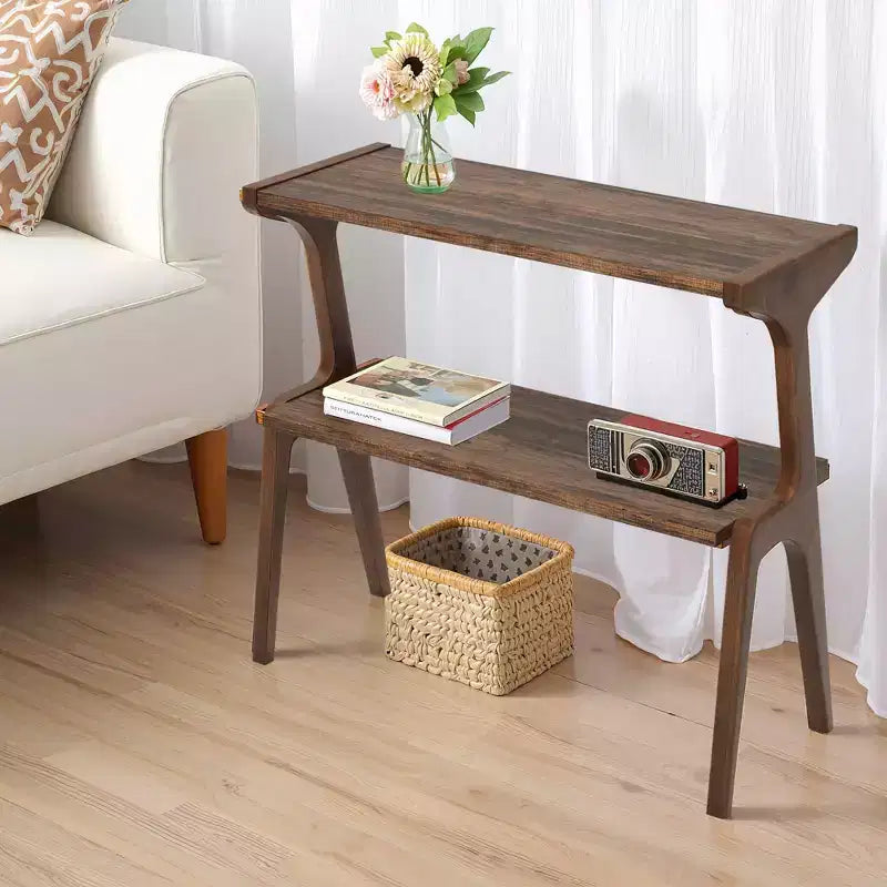 Solid Wood End Table, 2-Tier Sofa Side Table with Storage Shelf