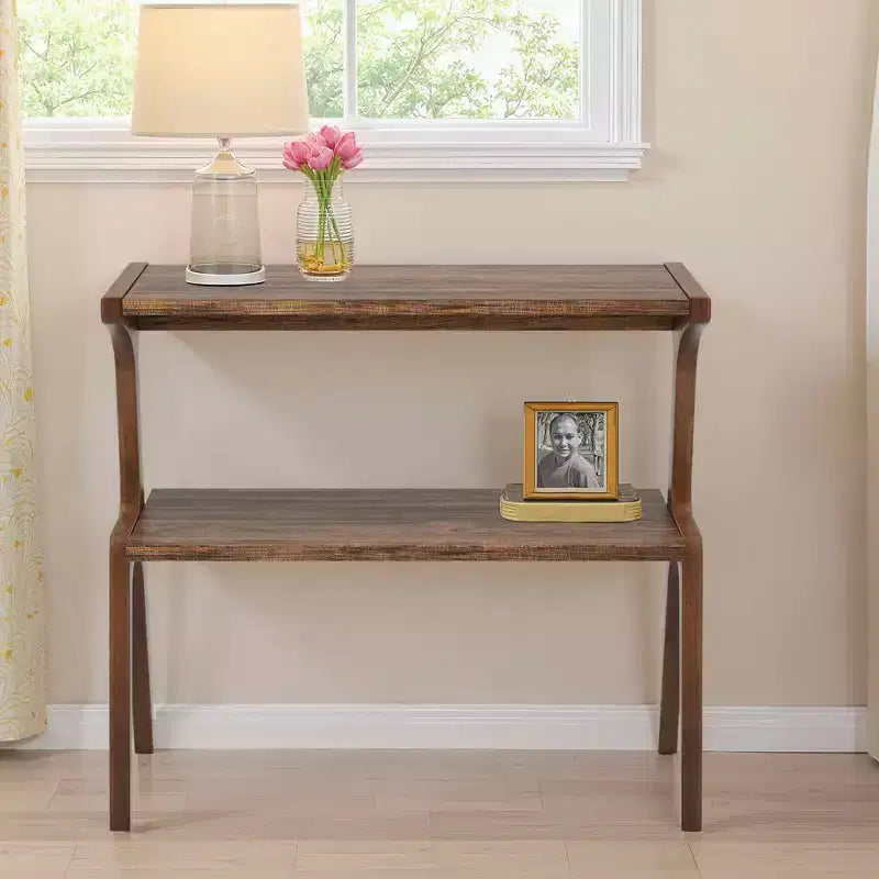 Solid Wood End Table, 2-Tier Sofa Side Table with Storage Shelf