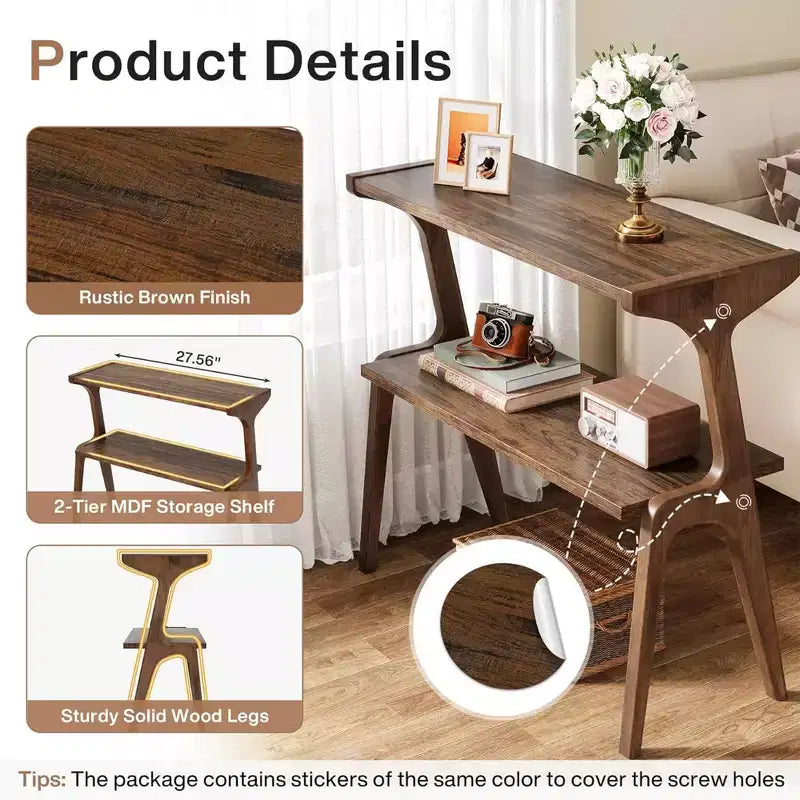 Solid Wood End Table, 2-Tier Sofa Side Table with Storage Shelf
