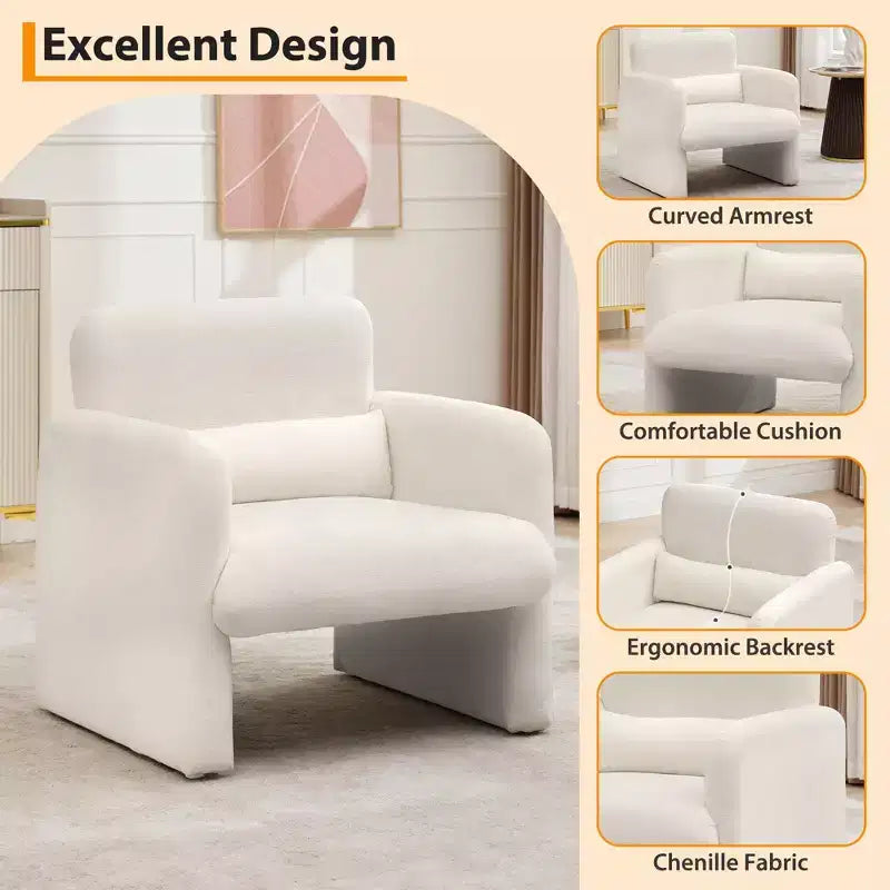 Chenille Accent Chair with Arms & Waist Pillow – Single Sofa for Living Room, Bedroom, Office or Apartment