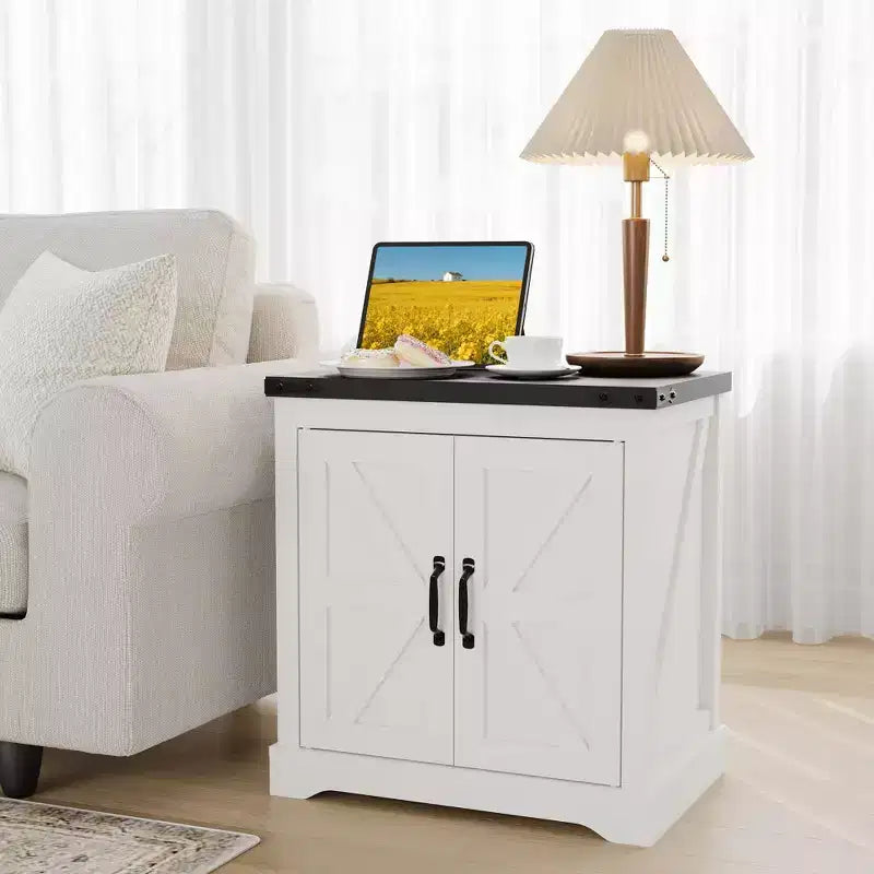 Farmhouse End Table - 24 White Farmhouse End Table with Barn Door, Rustic Wood,Side Table for Bedroom Living Room