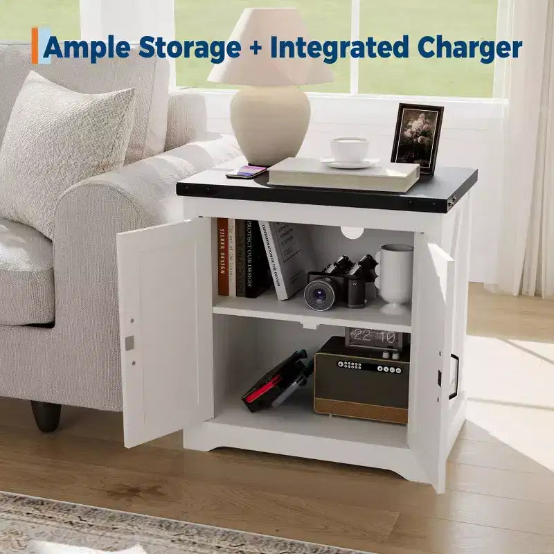 End Table with Barn Door - 24" White Side Table for Bedroom & Living Room