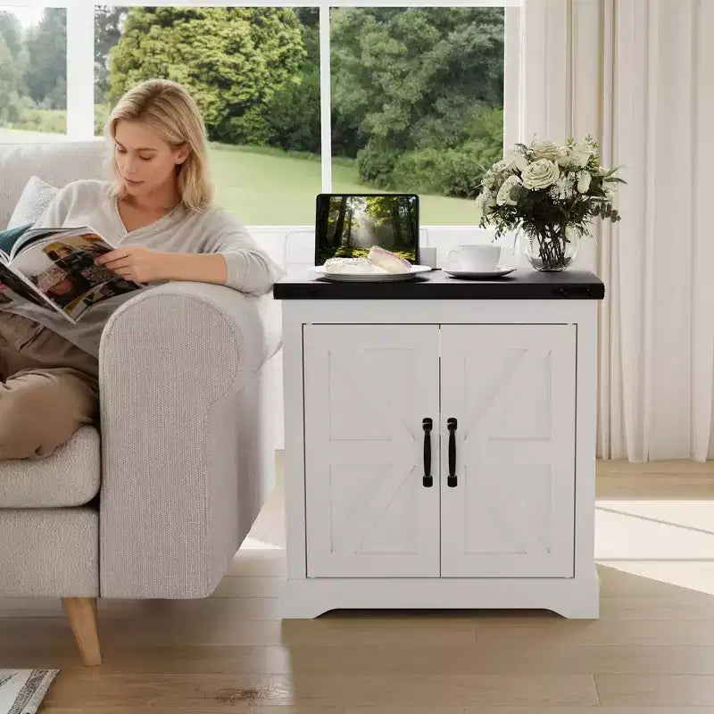End Table with Barn Door - 24" White Side Table for Bedroom & Living Room