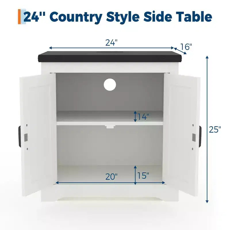 End Table with Barn Door - 24" White Side Table for Bedroom & Living Room
