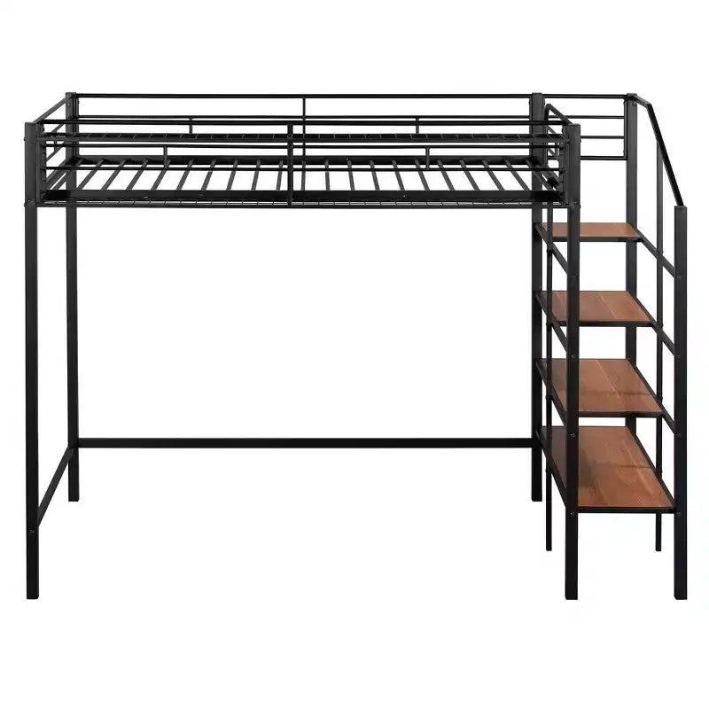 Twin Size Metal Loft Bed with Storage Shelf and Staircase