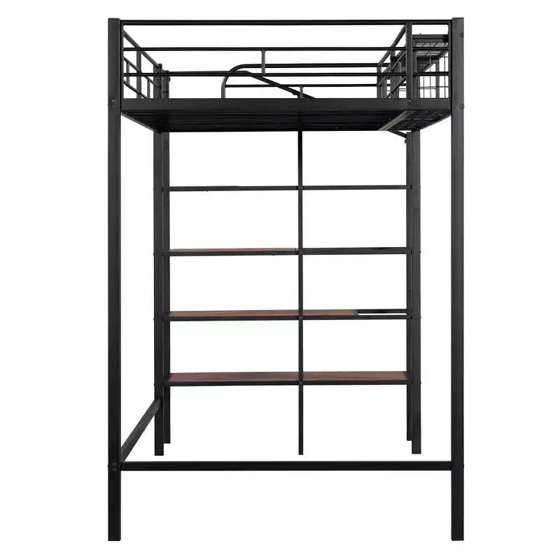Twin Size Metal Loft Bed with Storage Shelf and Staircase