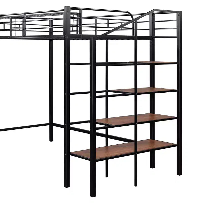 Twin Size Metal Loft Bed with Storage Shelf and Staircase