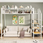 Lit mezzanine double en métal avec étagère de rangement et escalier