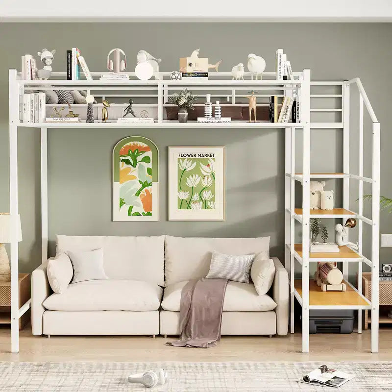 Twin Size Metal Loft Bed with Storage Shelf and Staircase