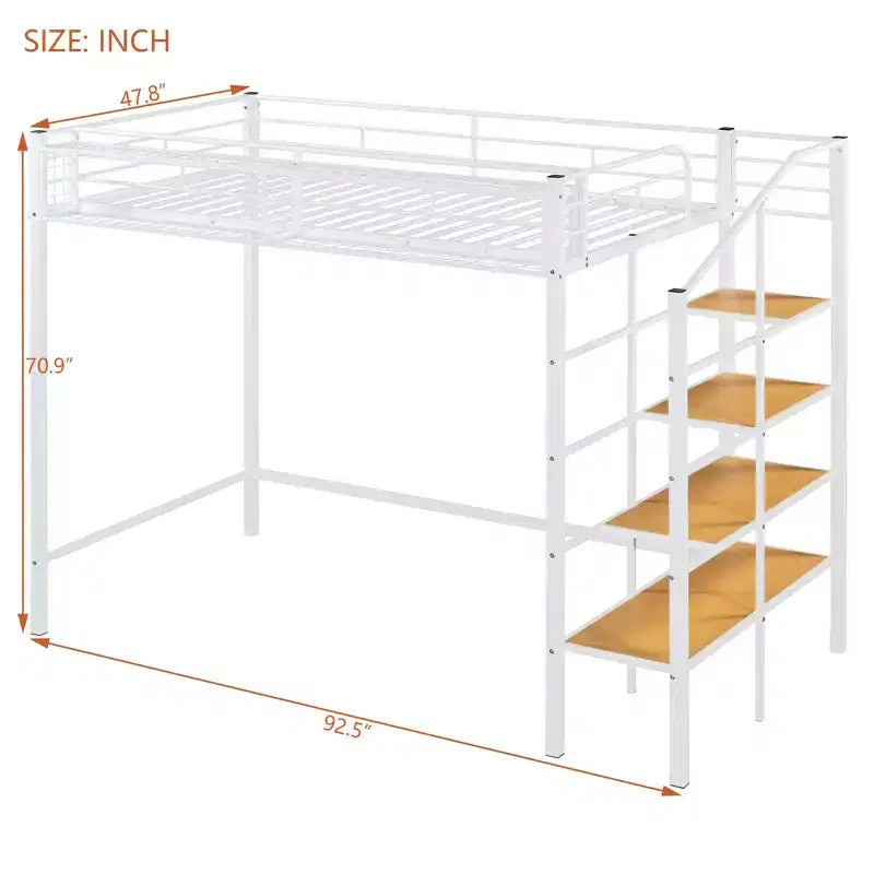 Twin Size Metal Loft Bed with Storage Shelf and Staircase