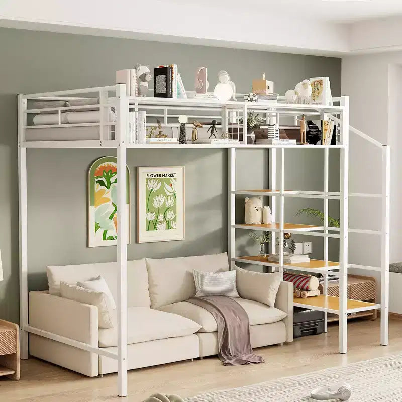 Twin Size Metal Loft Bed with Storage Shelf and Staircase