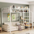Lit mezzanine double en métal avec étagère de rangement et escalier