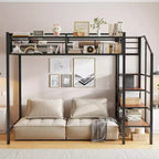 Lit mezzanine double en métal avec étagère de rangement et escalier