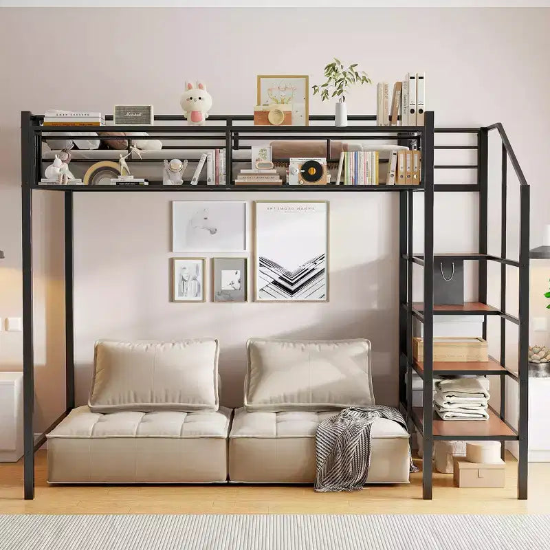 Twin Size Metal Loft Bed with Storage Shelf and Staircase