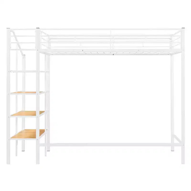 Twin Size Metal Loft Bed with Storage Shelf and Staircase