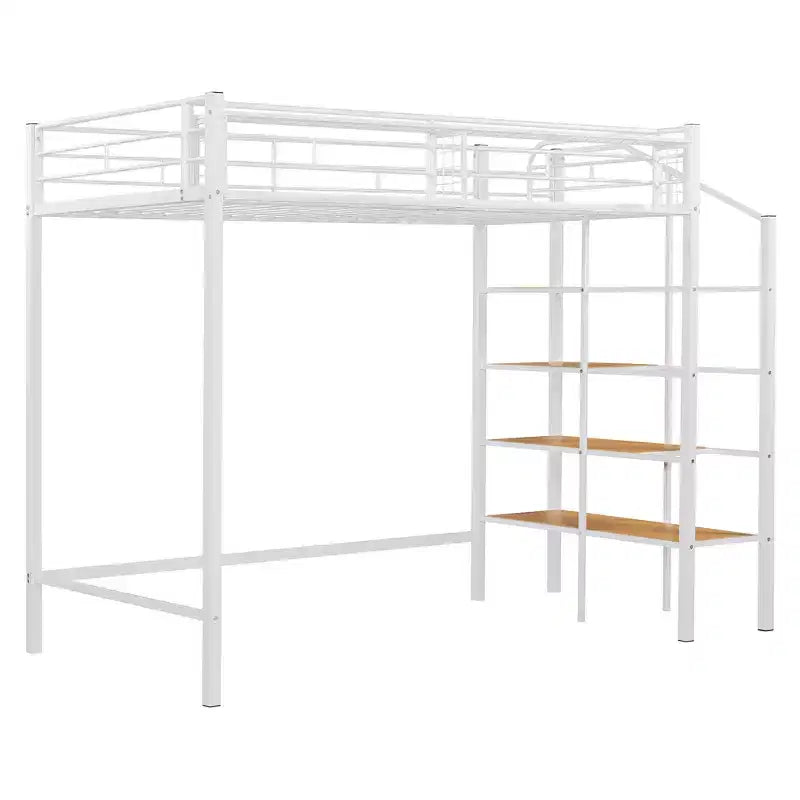 Twin Size Metal Loft Bed with Storage Shelf and Staircase