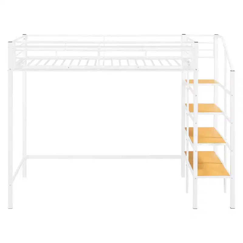 Twin Size Metal Loft Bed with Storage Shelf and Staircase