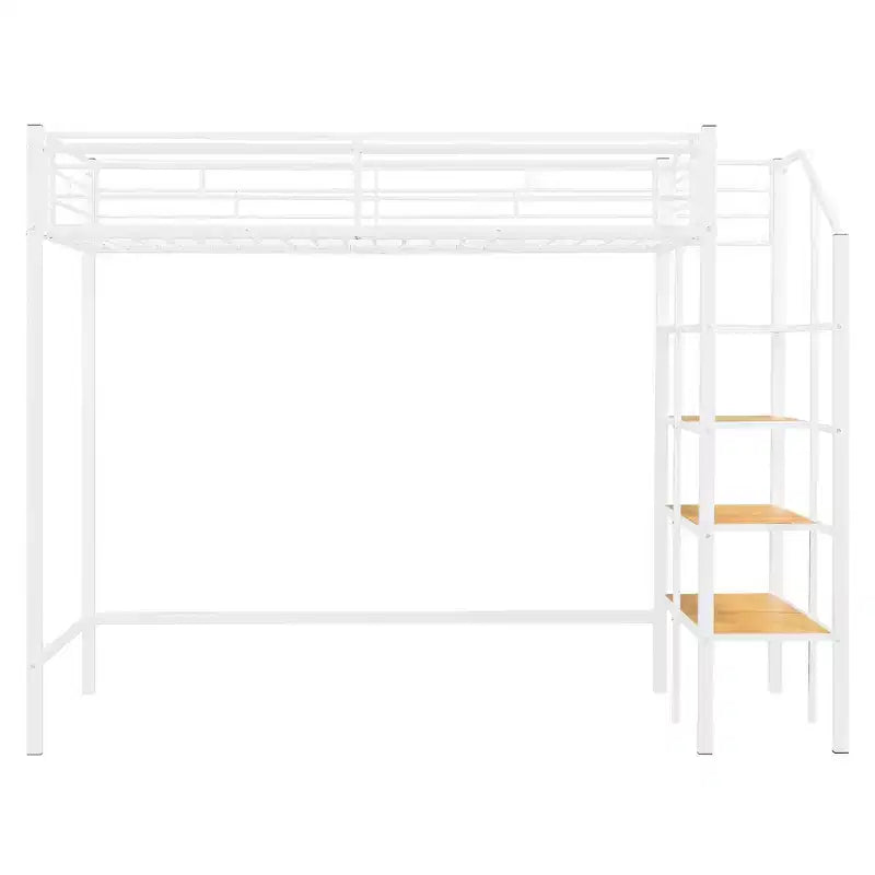 Twin Size Metal Loft Bed with Storage Shelf and Staircase