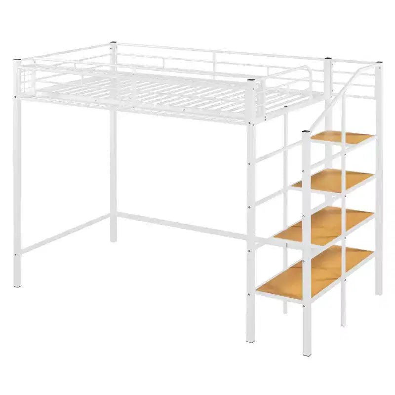 Twin Size Metal Loft Bed with Storage Shelf and Staircase