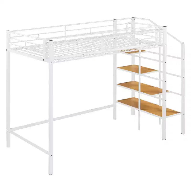 Twin Size Metal Loft Bed with Storage Shelf and Staircase