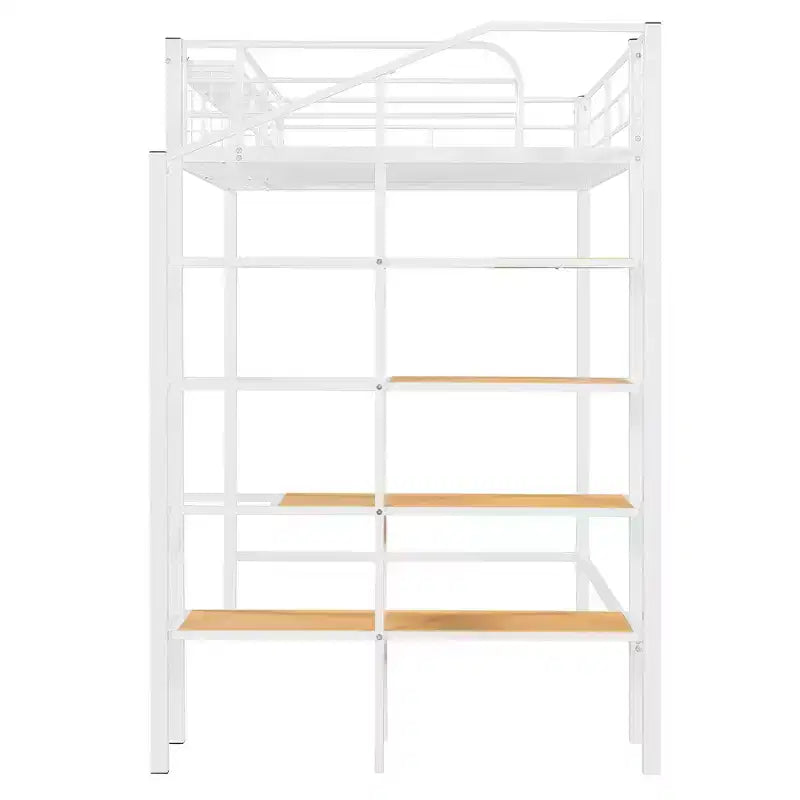 Twin Size Metal Loft Bed with Storage Shelf and Staircase