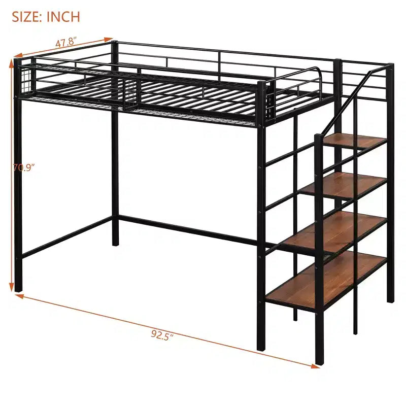 Twin Size Metal Loft Bed with Storage Shelf and Staircase