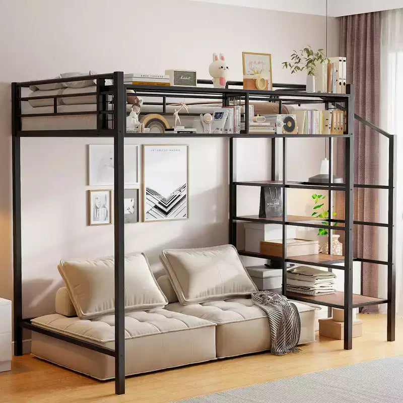 Twin Size Metal Loft Bed with Storage Shelf and Staircase