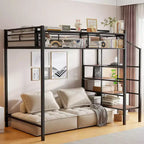 Lit mezzanine double en métal avec étagère de rangement et escalier