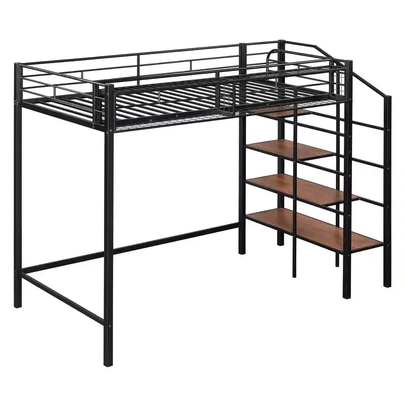 Twin Size Metal Loft Bed with Storage Shelf and Staircase